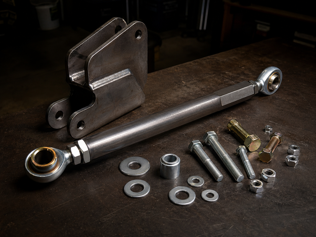 Track bar drop bracket and adjustable track bar assembly on shop workbench