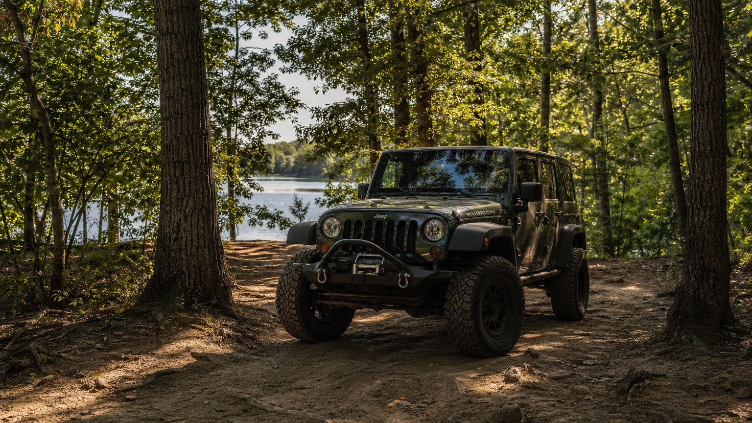 Lifted Jeep on wooded trail with calm lake visible through trees in background