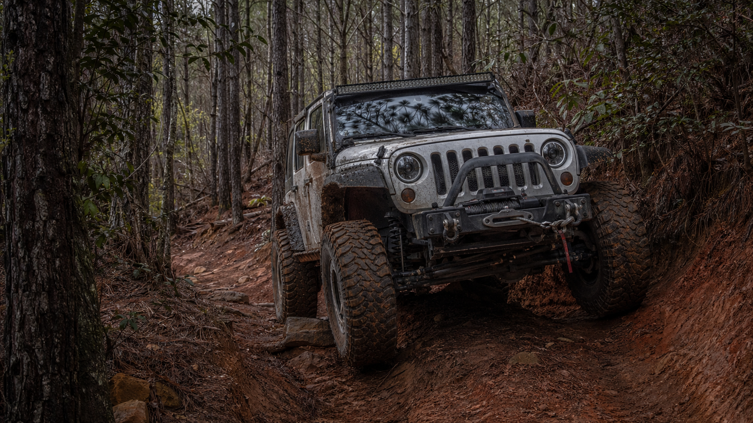Lifted Jeep on tight technical wooded trail through East Texas pine and iron-rich clay terrain