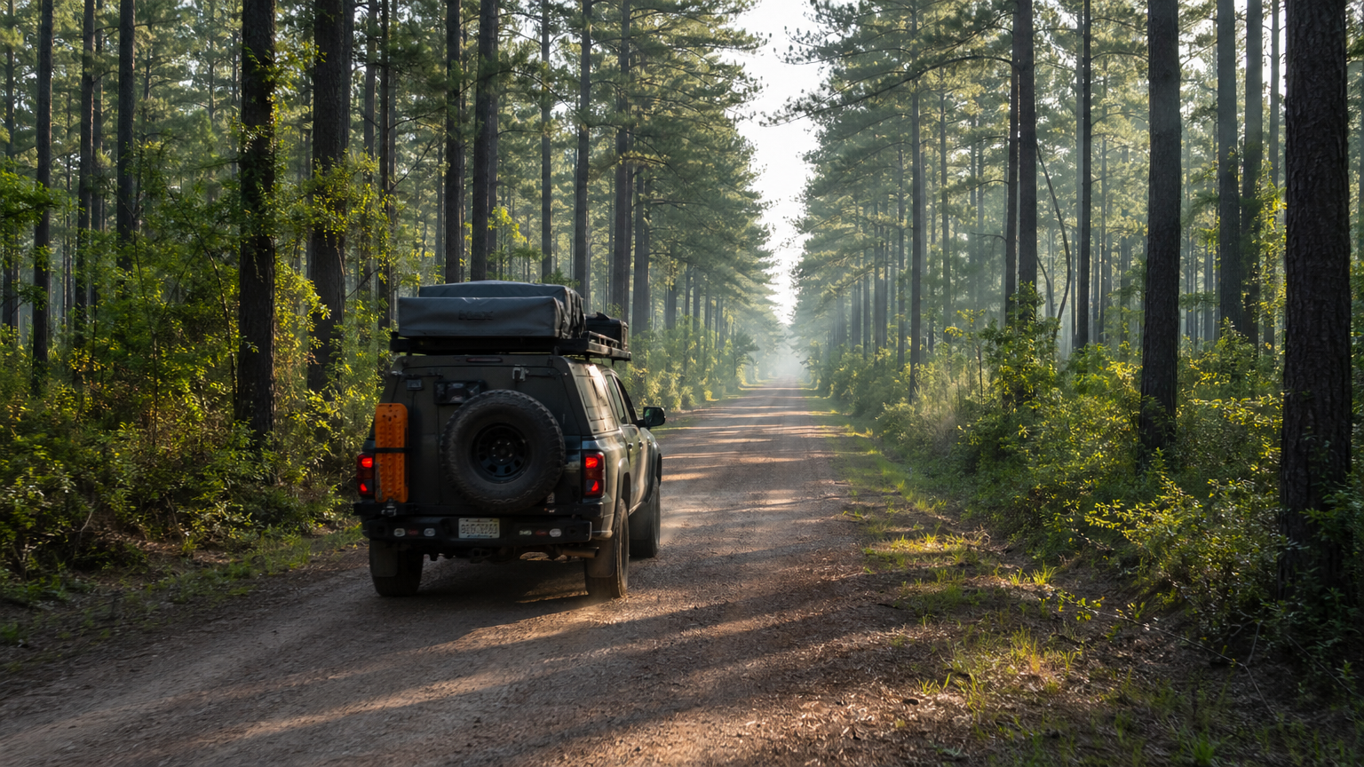 Overlanding rig with rooftop tent driving down forest service road through East Texas Piney Woods