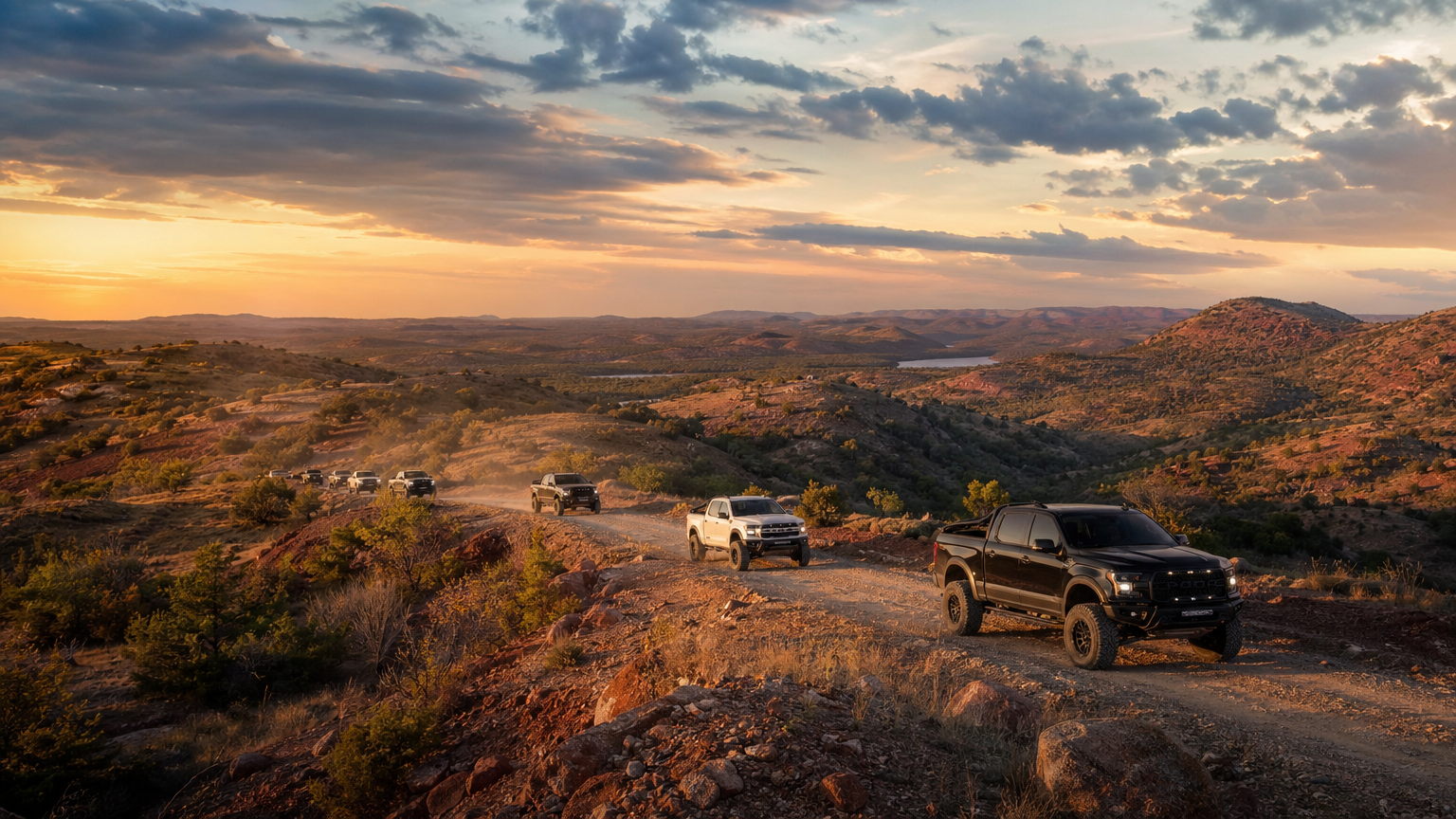 Multiple lifted trucks in convoy across sweeping Arbuckle Mountains trail at golden hour
