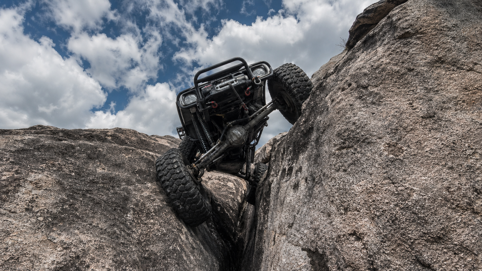 Heavily built rock crawler with beadlock wheels navigating tight granite crack line at Wolf Caves