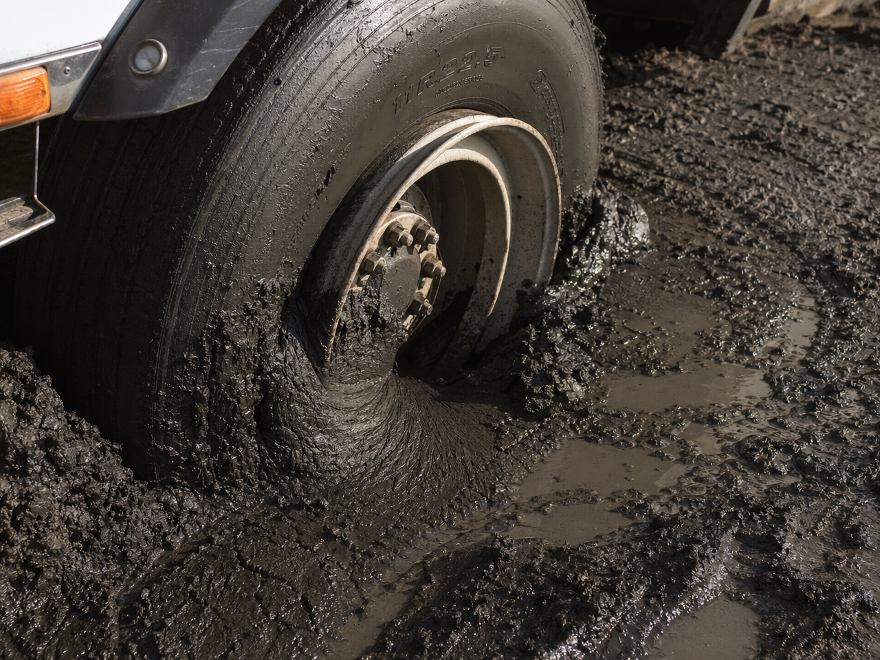 Truck tire half submerged in Houston black gumbo clay showing suction effect