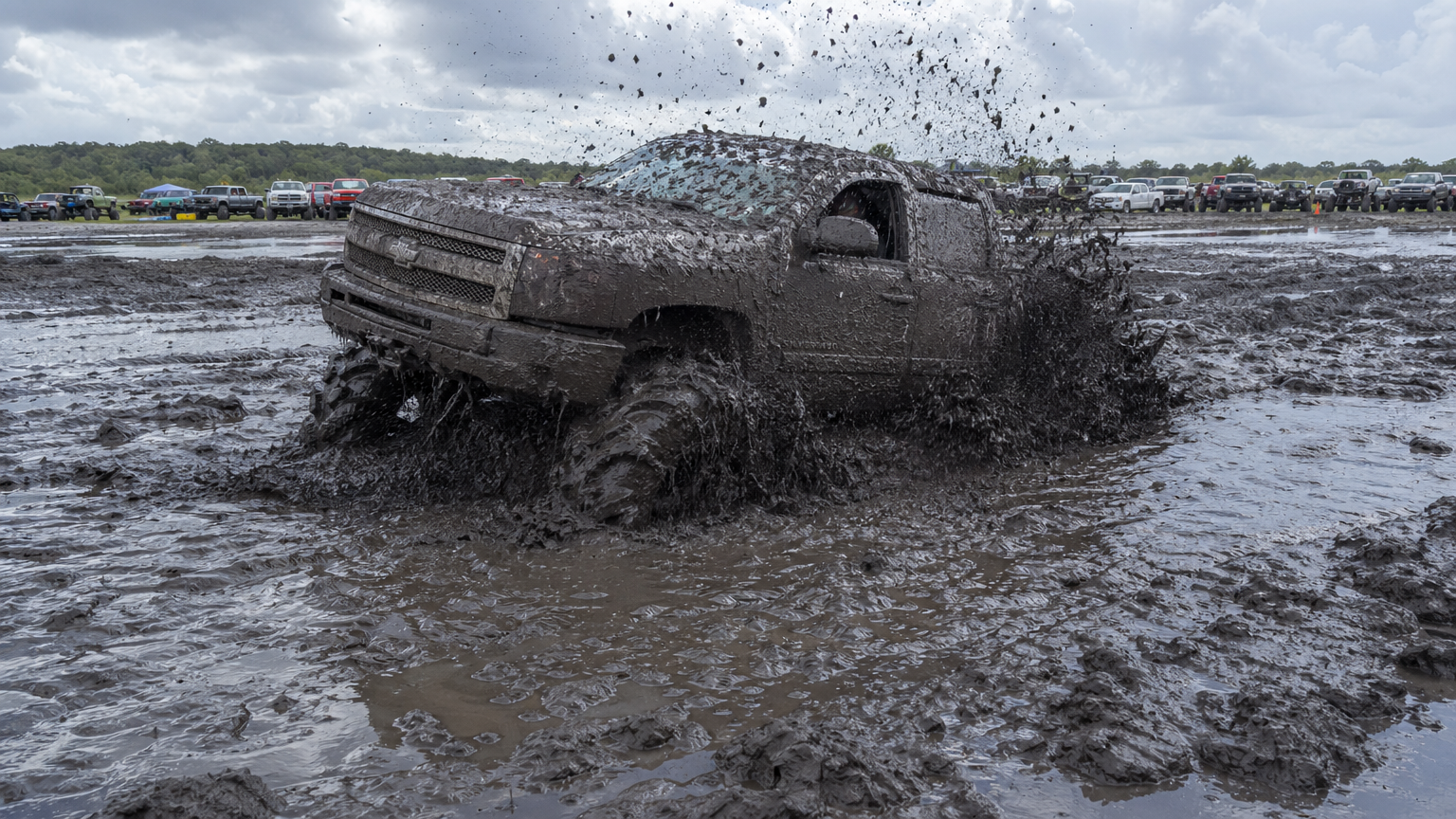 Heavily lifted mud truck deep in Houston area black clay mud bog