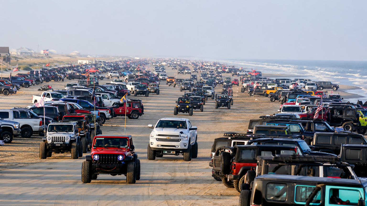 Jeeps and lifted trucks gathered on Crystal Beach Bolivar Peninsula during annual Jeep Weekend event