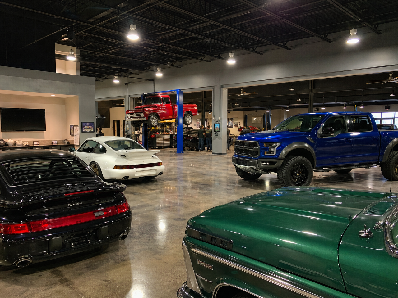 Interior of premium automotive club facility with modified vehicles lifts and social gathering space