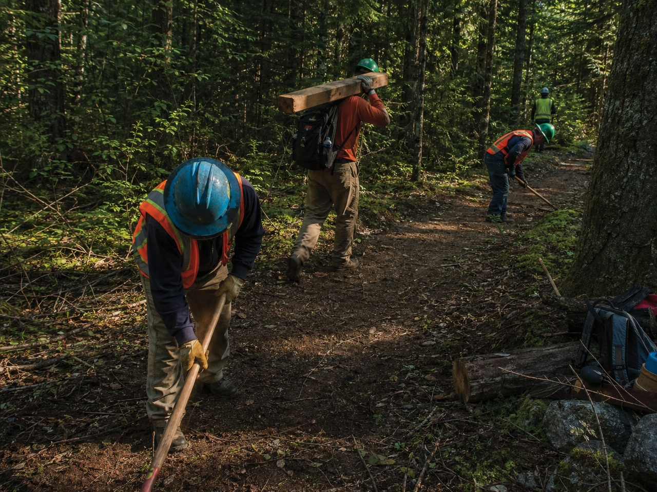 Volunteers working on Sam Houston National Forest trail with hand tools clearing brush and building trail infrastructure