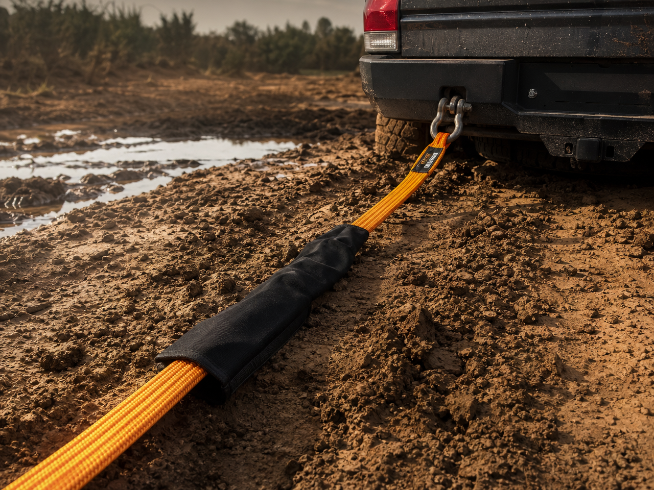 Kinetic recovery rope attached to rated recovery point on stuck truck with recovery blanket draped midway in clay terrain
