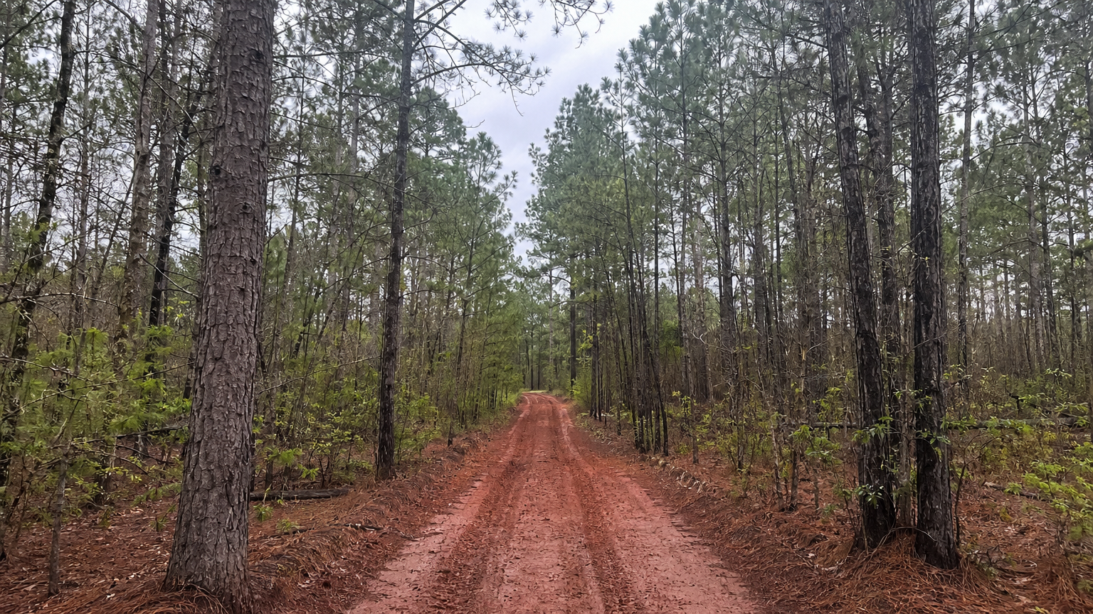 East Texas pine forest off-road trail in ideal late winter conditions with moist packed clay surface and tall loblolly pines