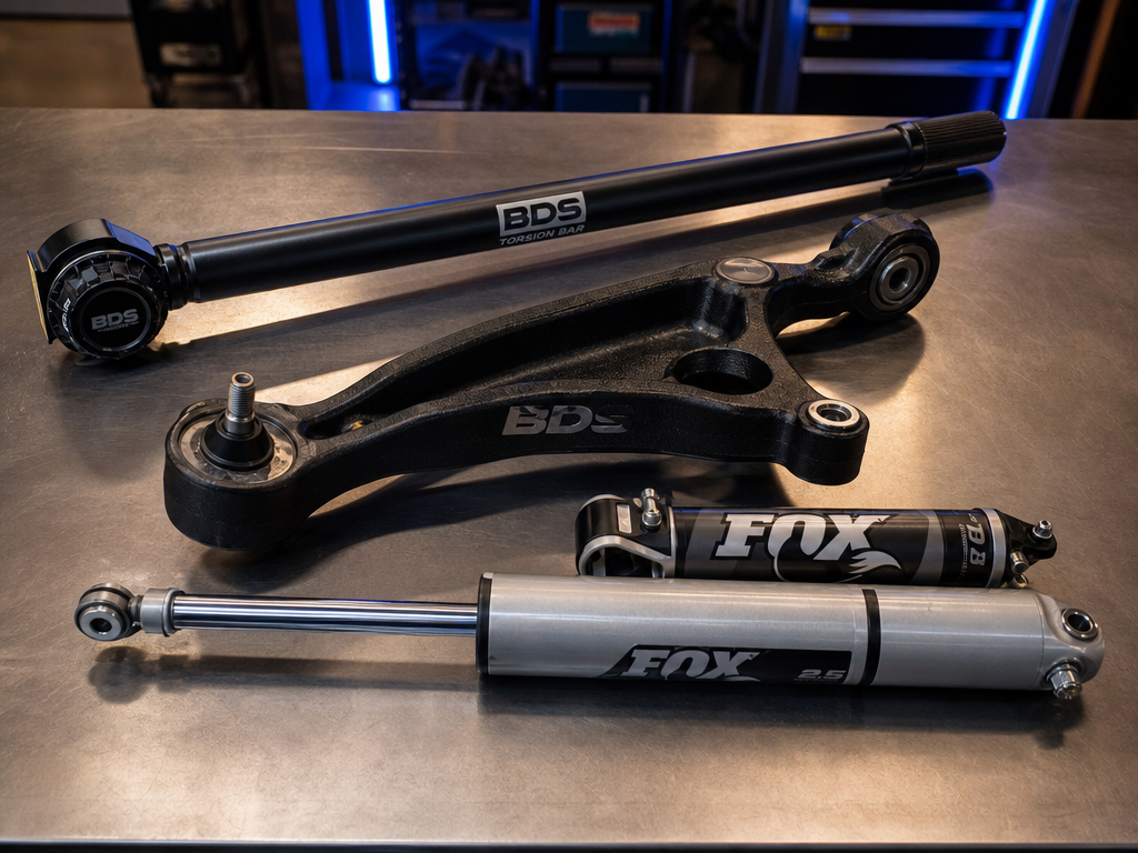 Chevy Silverado HD torsion-bar front suspension on a shop hoist