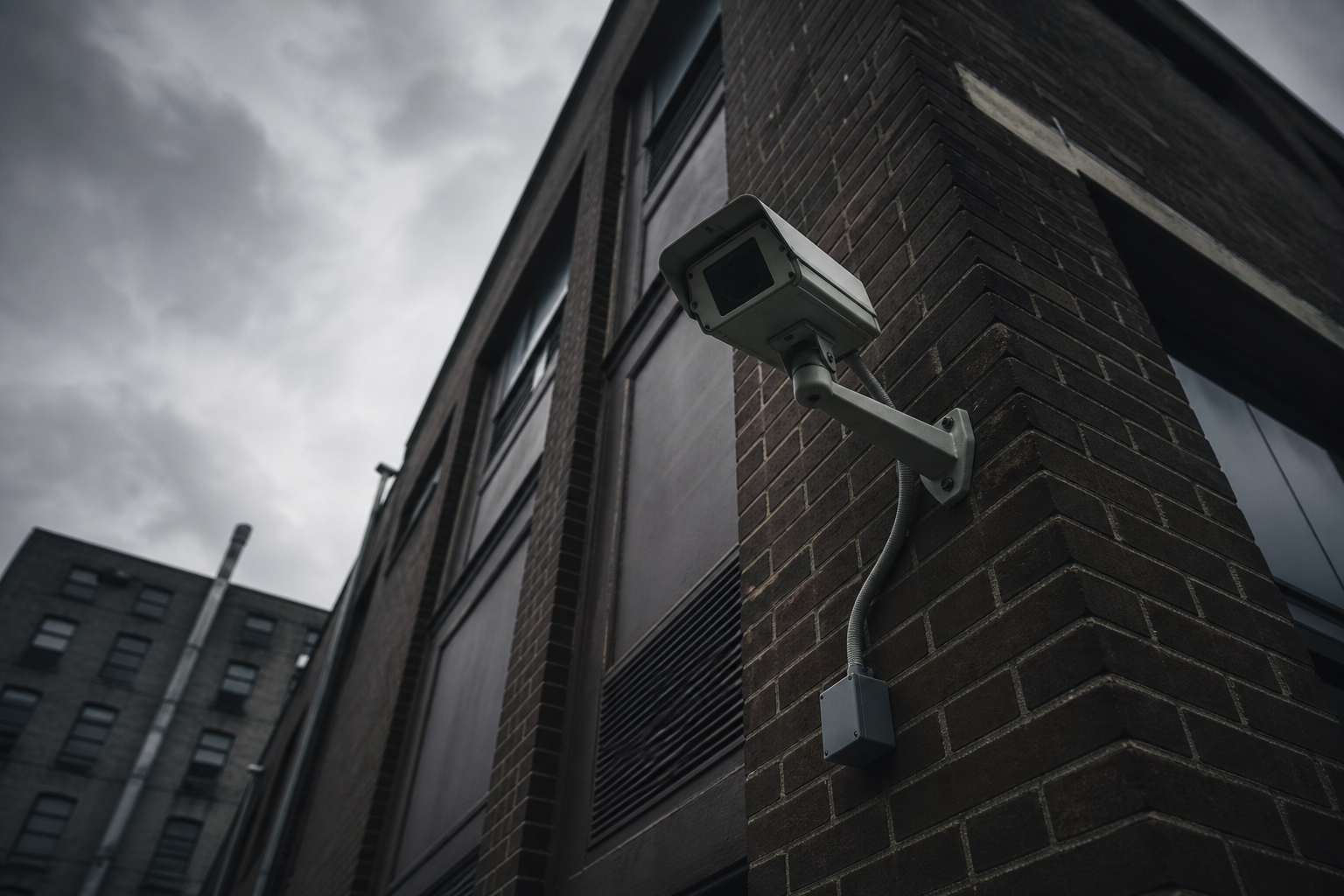 Security camera mounted on building exterior