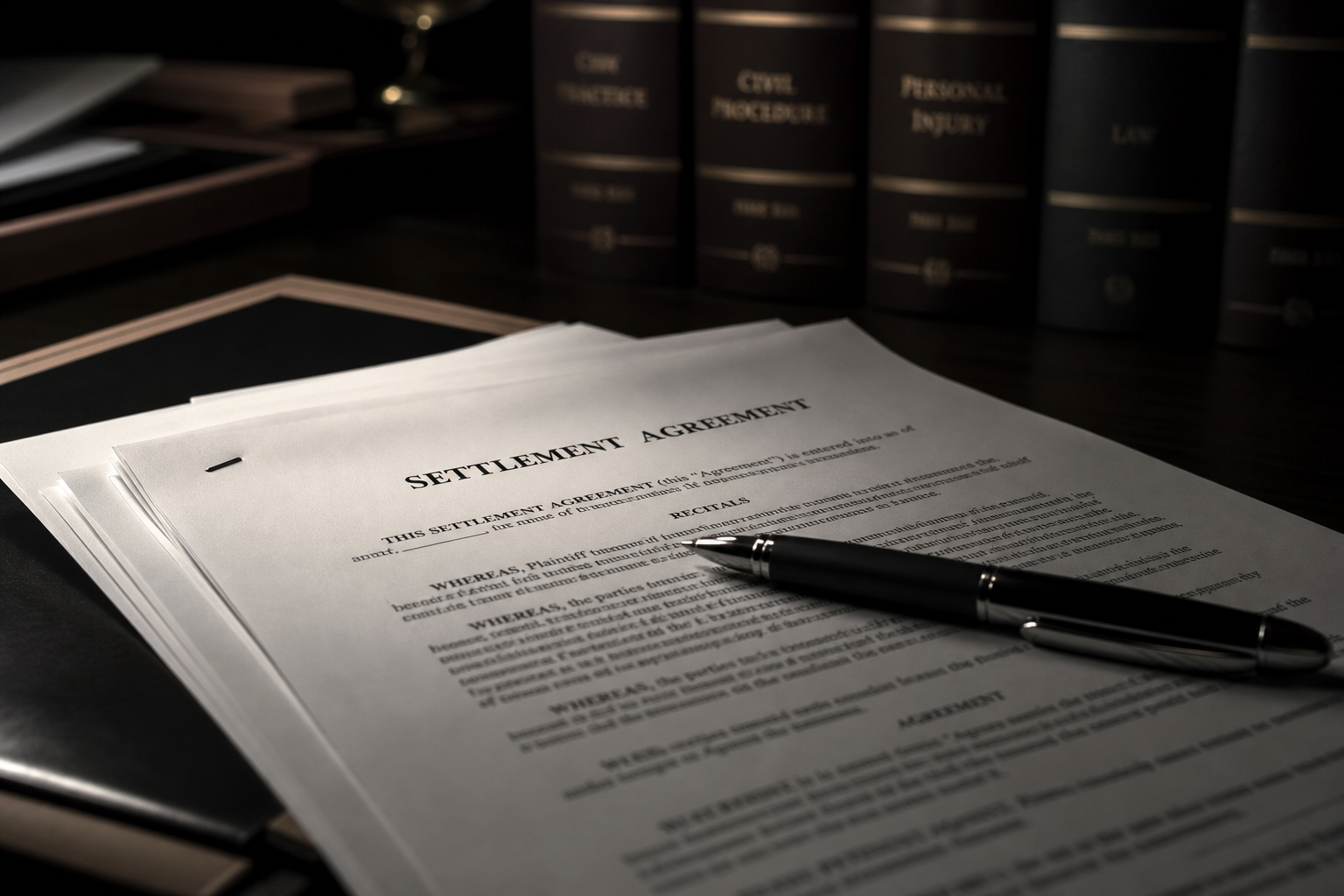 Legal documents on dark desk