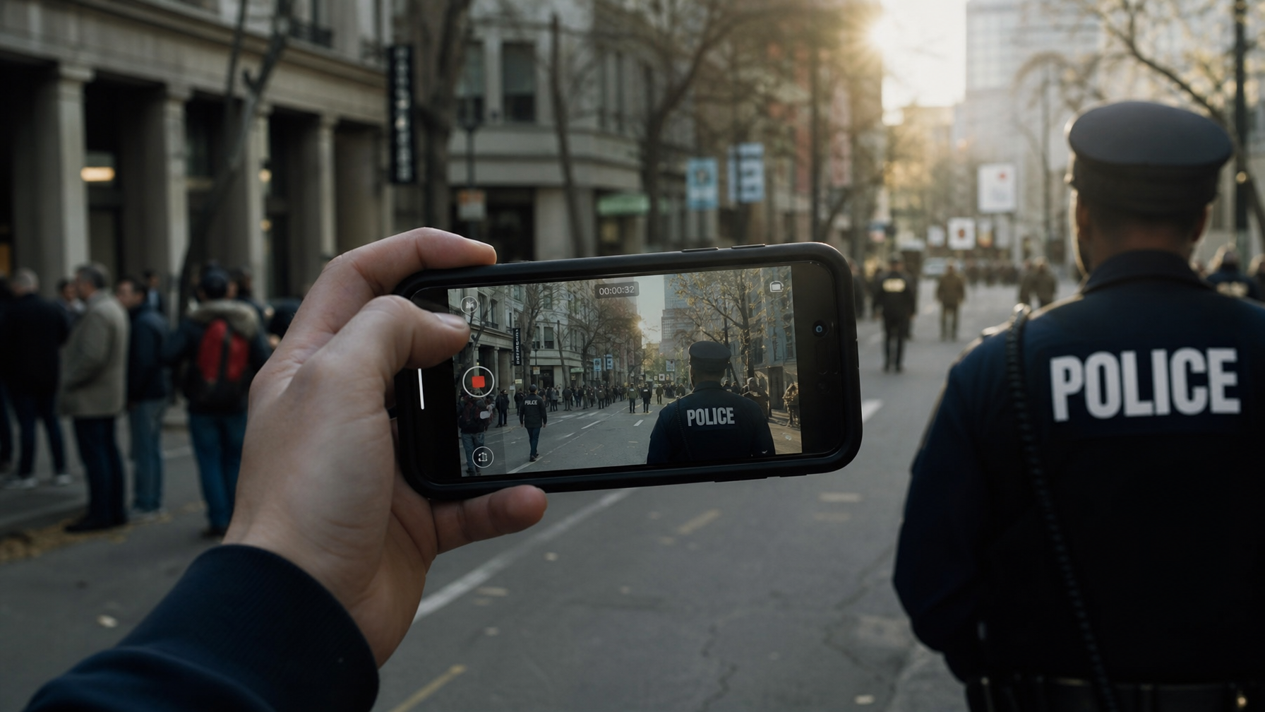 POV filming police officer on phone screen