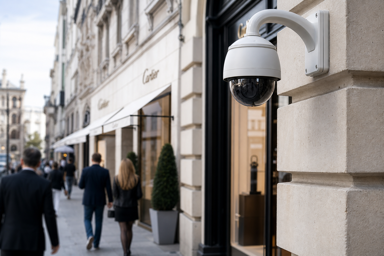 Upscale shopping district with security camera