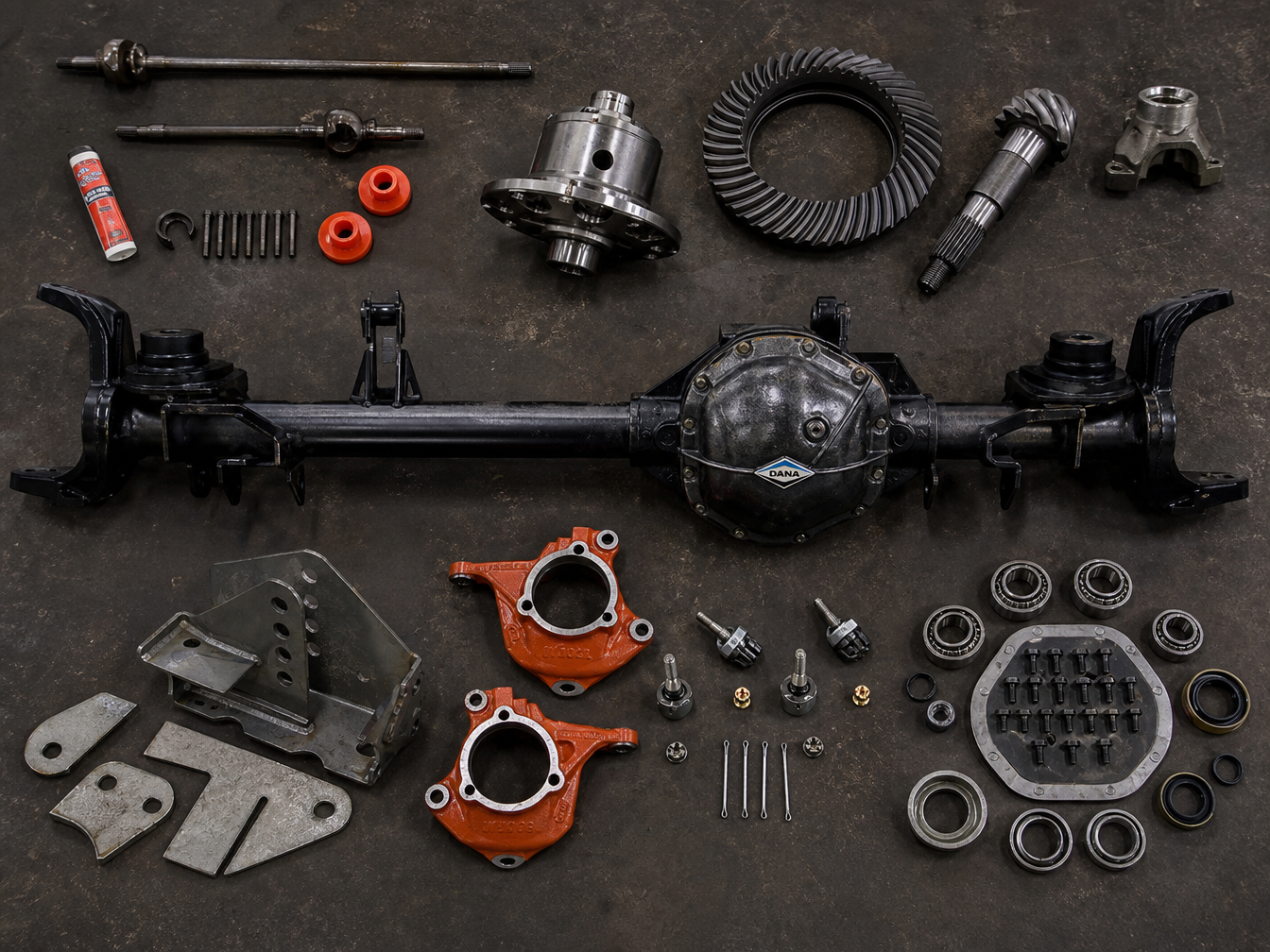 Jeep Dana axle housing on shop floor