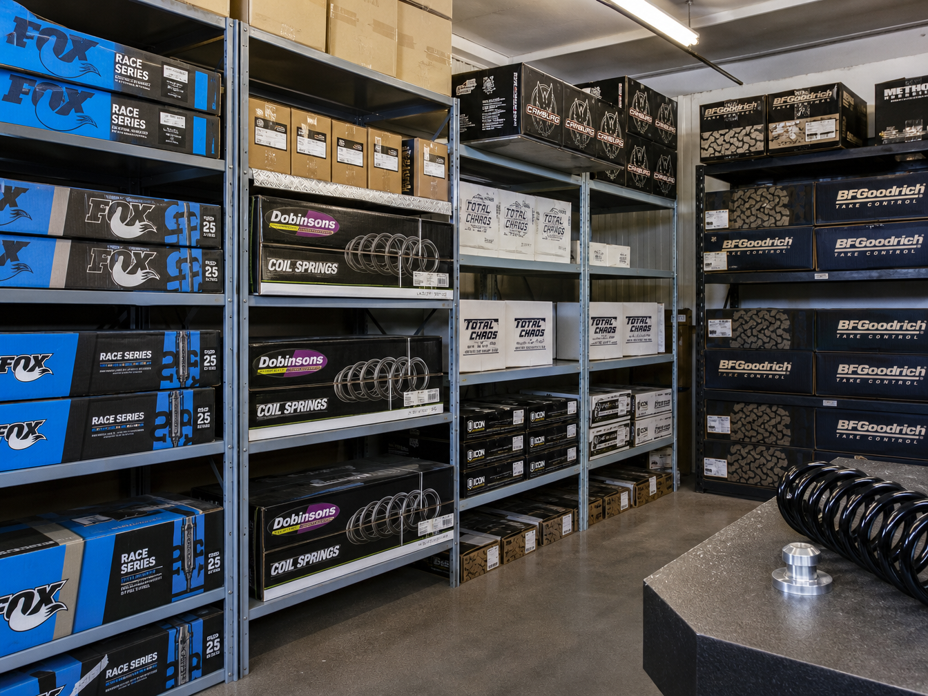 Parts room stocked with EVO Teraflex Fox and Method components