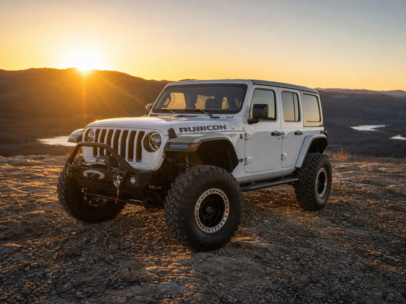 Fully built lifted Jeep Wrangler at golden hour