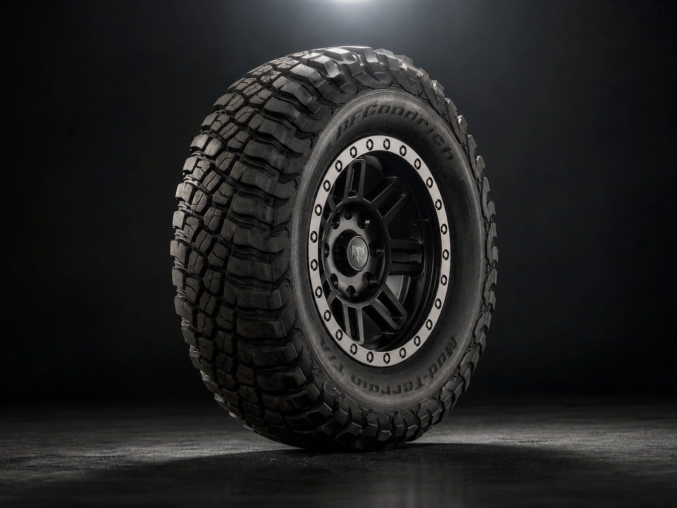 Beadlock wheel on aggressive mud terrain tire