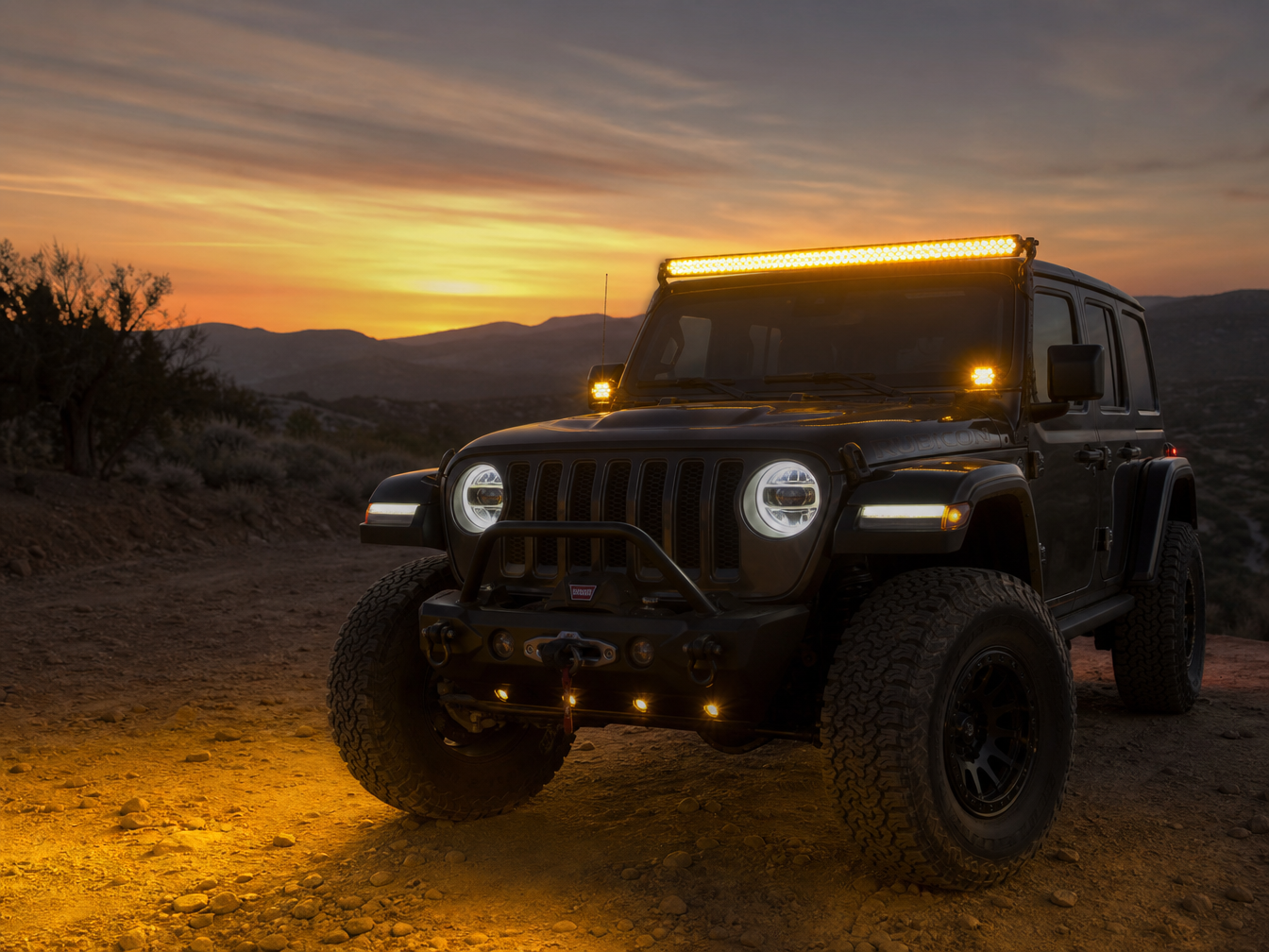 LED light bar and pod lights on Jeep at night