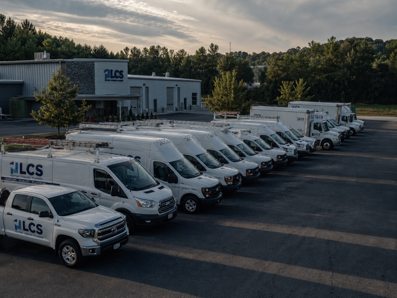 Fleet of branded commercial service vehicles representing institutional scale