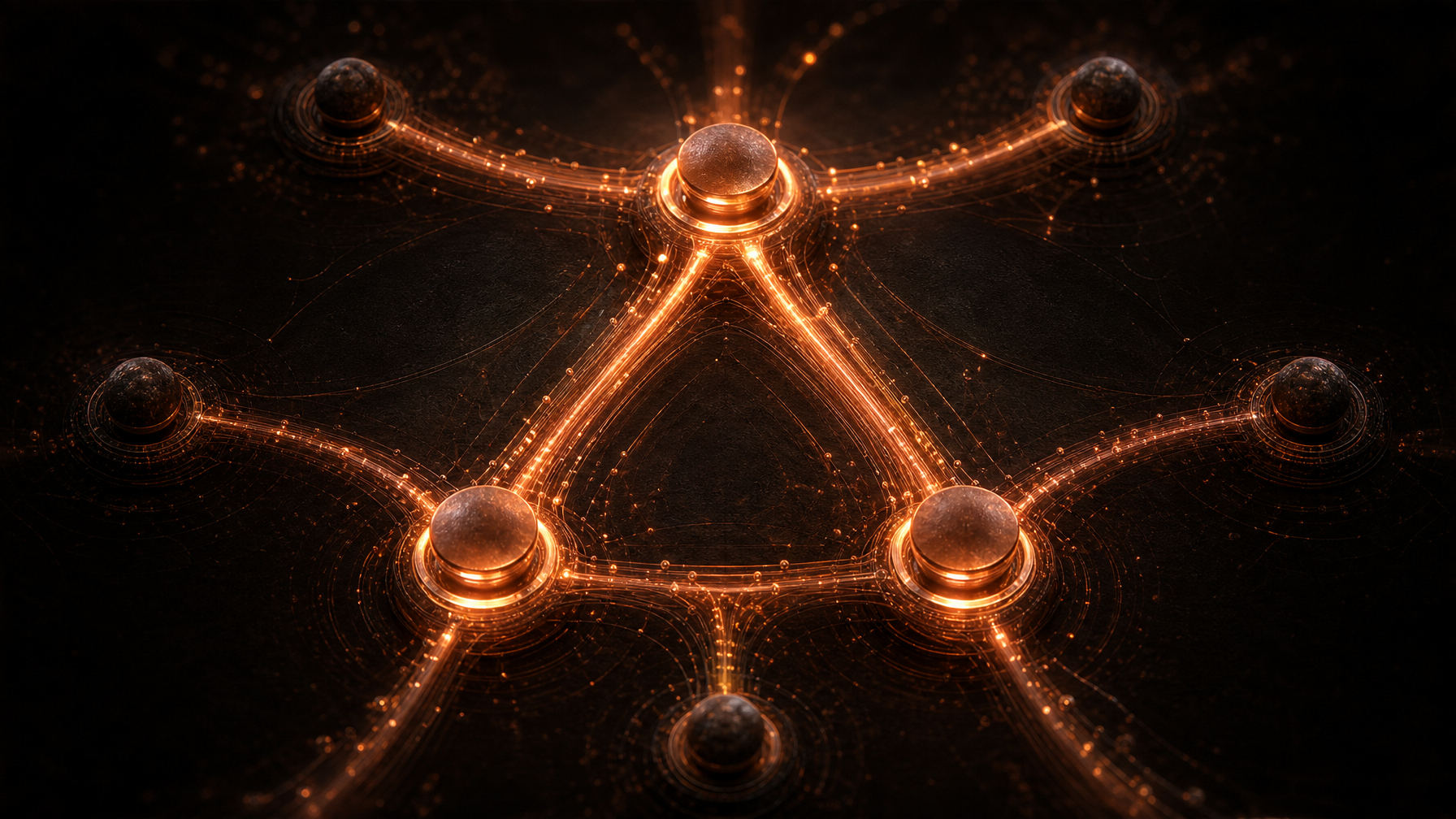 Osiris network architecture — three anchor hubs connected to five peripheral network nodes by copper light trails