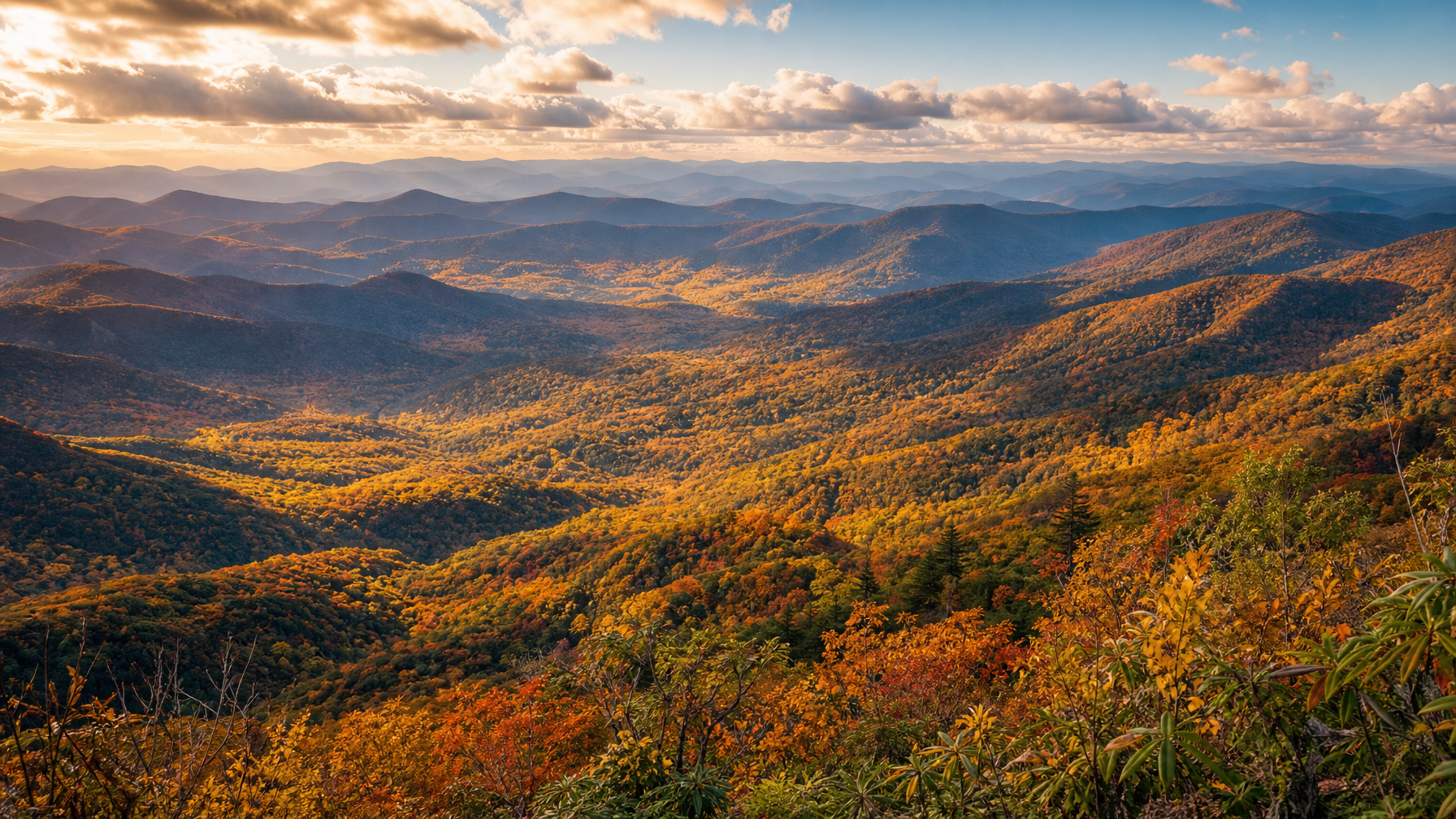Southern Appalachian mountain panorama in fall foliage — the region of the Osiris National Summit