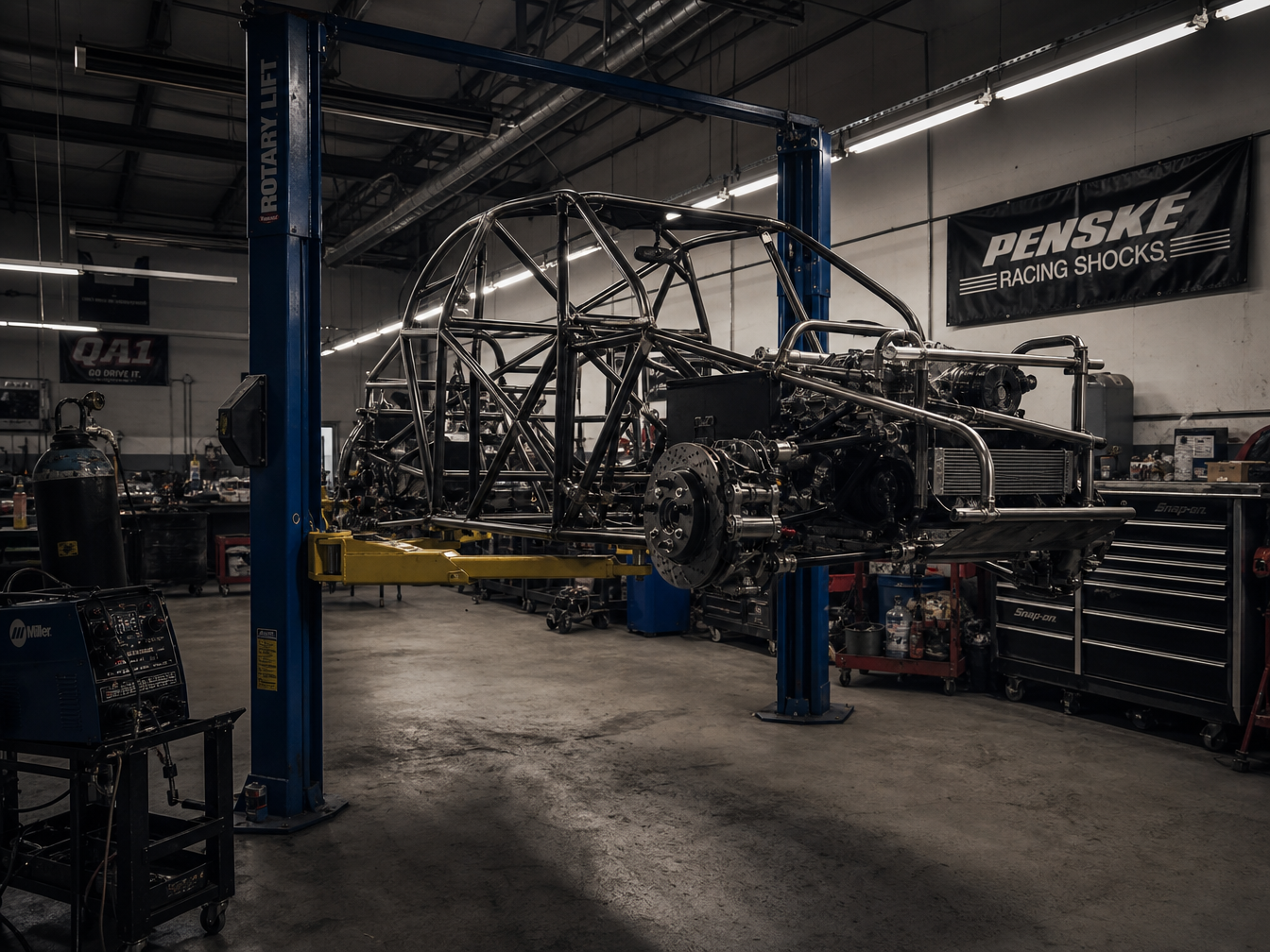 Race shop interior with roll cage and engine build in progress