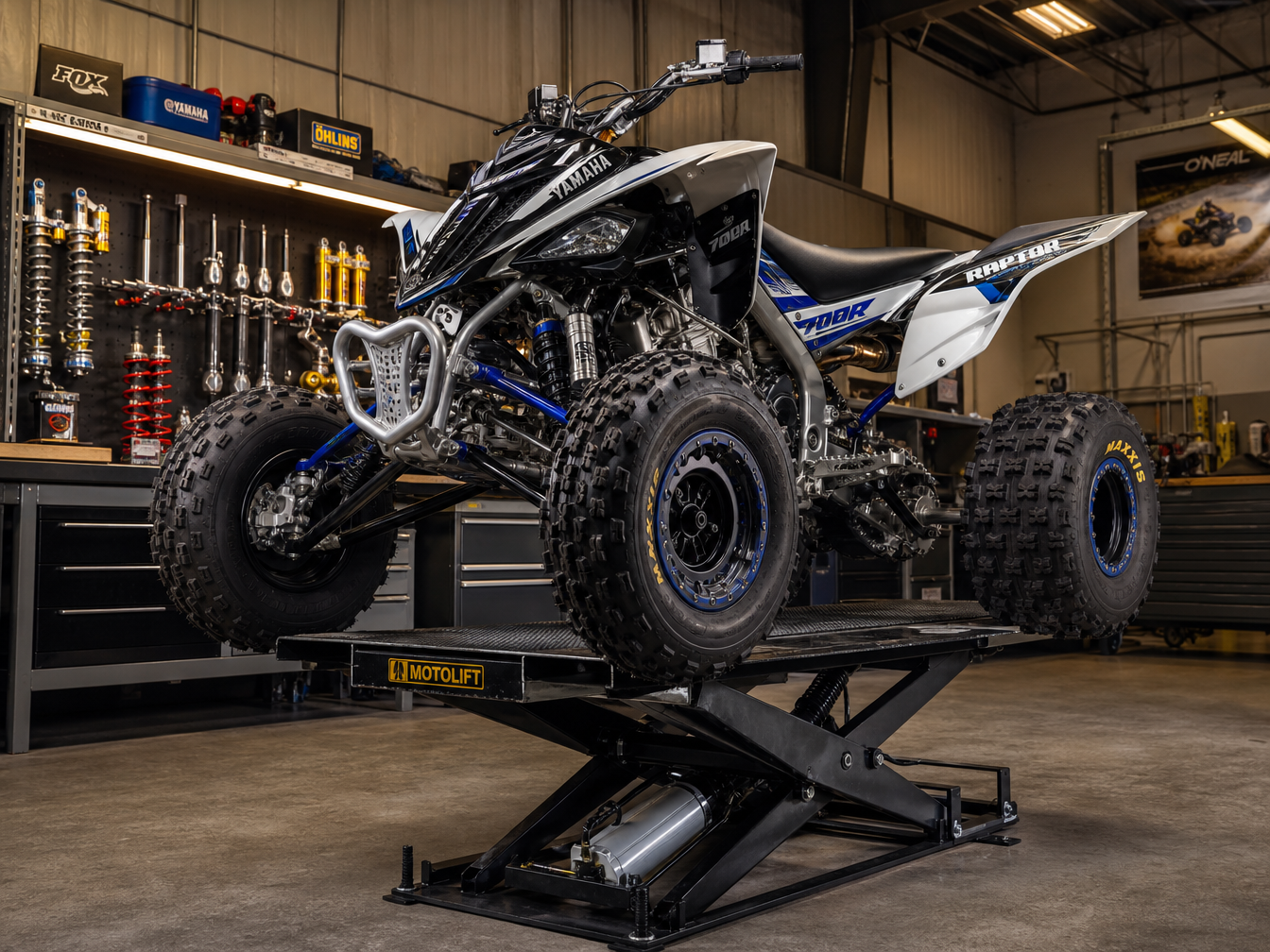 Specialty powersports shop with ATV on lift