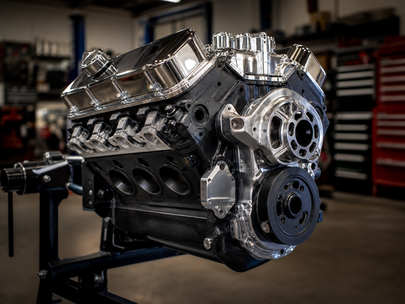 Classic V8 engine restoration on stand, professional shop