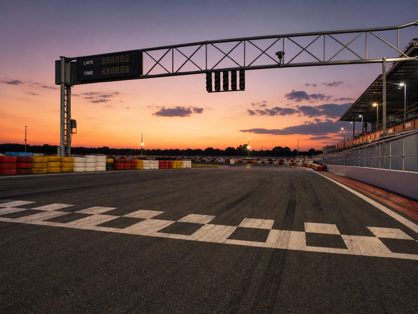 Motorsport venue at dusk