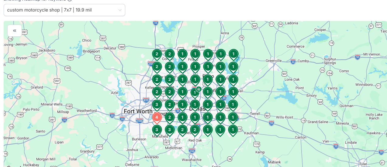 Strokers Dallas heatmap — #1 organic custom motorcycle shop Dallas, green 1s and 2s across all DFW