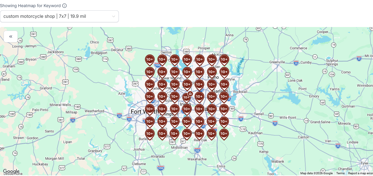 Metroplex Kustoms heatmap — #2 organic custom motorcycle shop Dallas, all 10+ across DFW grid
