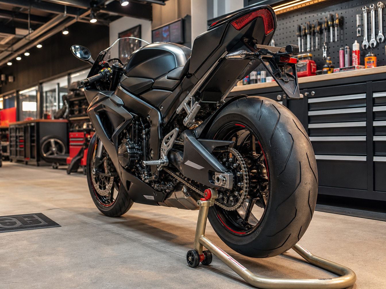 Sport bike on paddock stand in professional performance shop