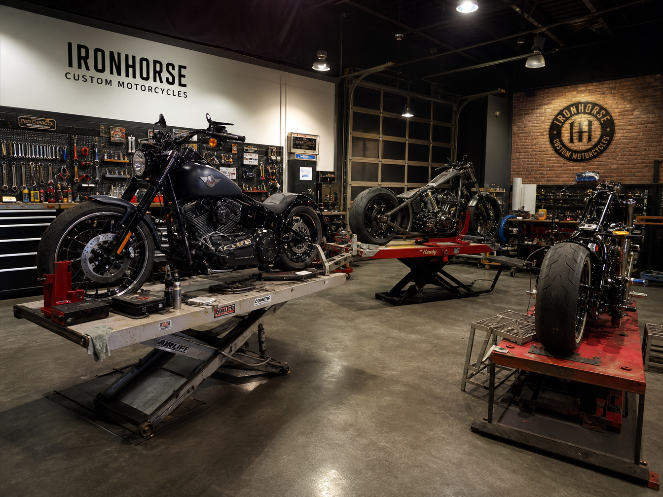 Custom cruiser motorcycle specialty shop build floor — Harley and Indian motorcycles on lifts in professional workshop