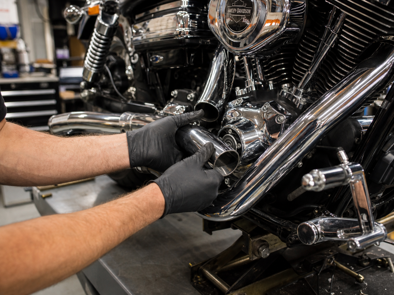 Mechanic installing custom exhaust on Harley-Davidson V-twin engine in specialty cruiser motorcycle shop