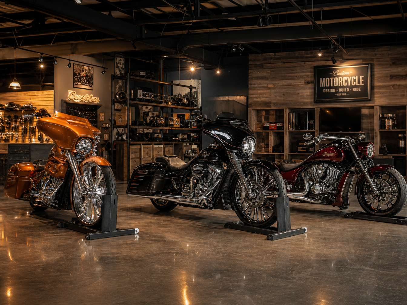 Interior panoramic of custom cruiser motorcycle shop — Harley and Indian builds side by side on stands under moody shop lighting
