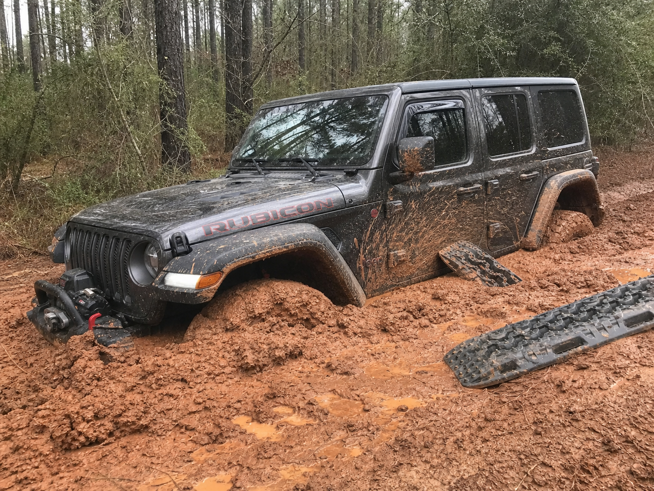 Jeep Wrangler stuck in East Texas red clay mud with recovery boards deployed