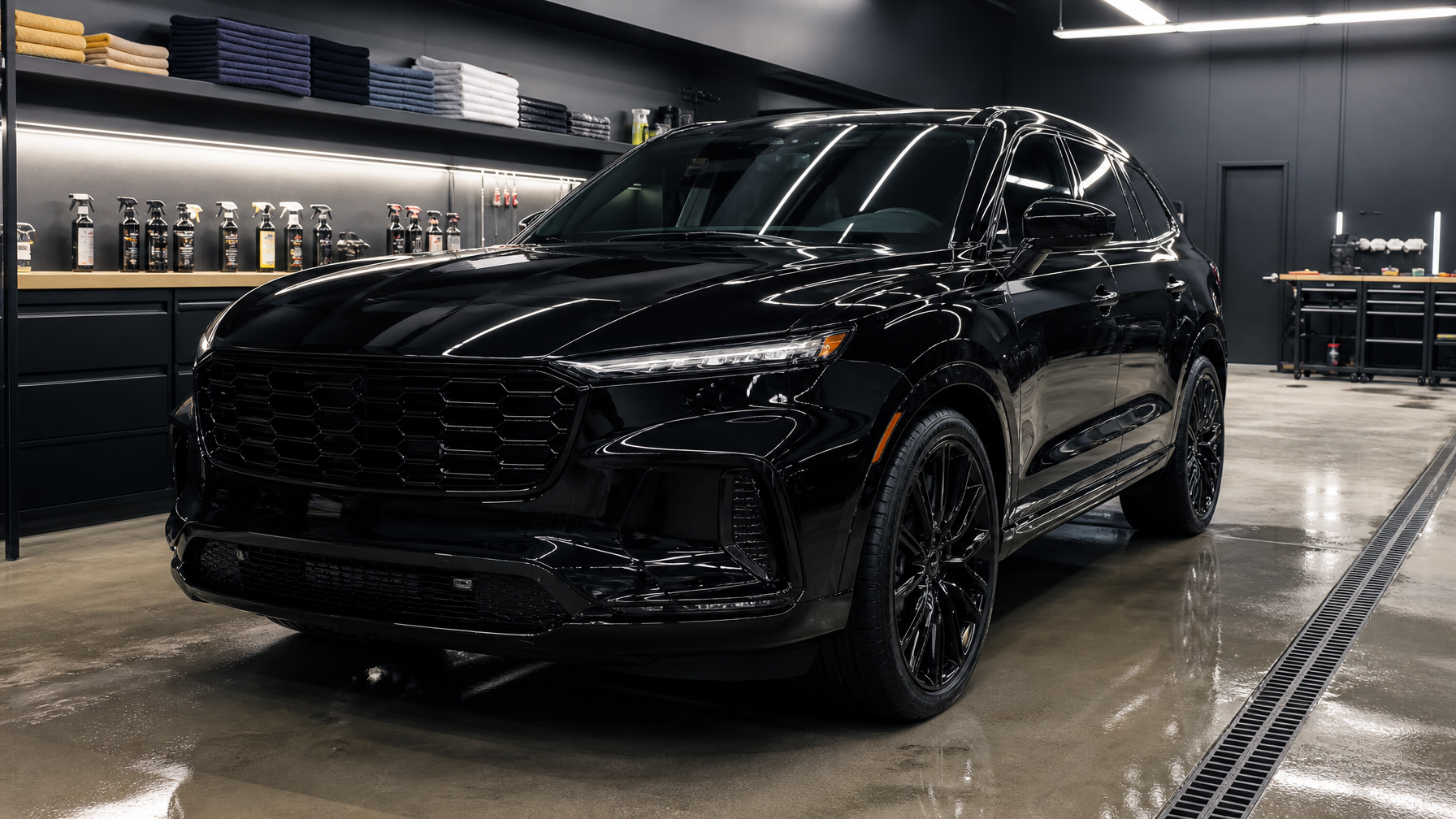 Professional automotive detailing studio with gleaming vehicle under studio lighting