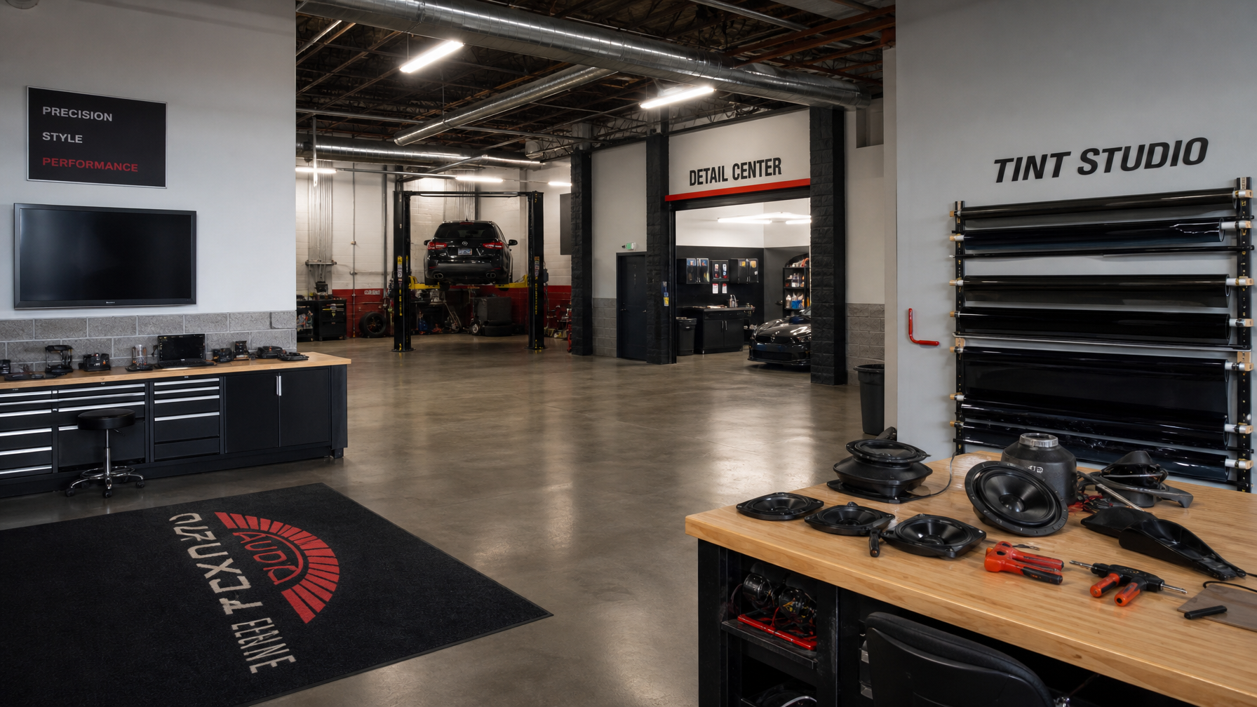 Multi-bay specialty automotive service facility showing tinting, audio, and detailing work areas