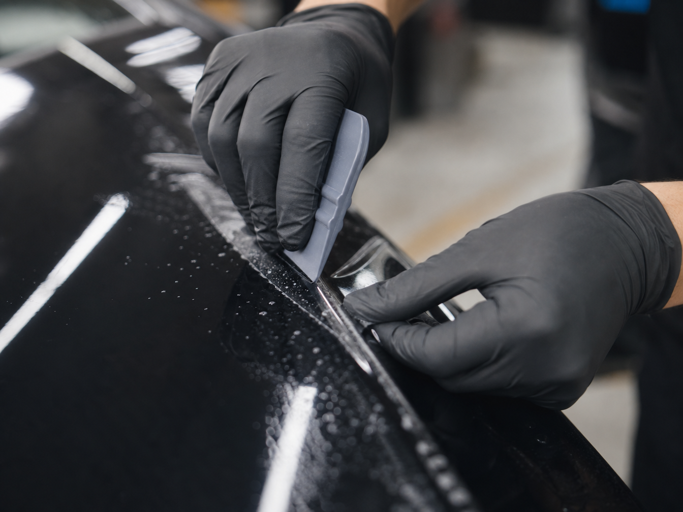 PPF technician applying paint protection film to a vehicle hood
