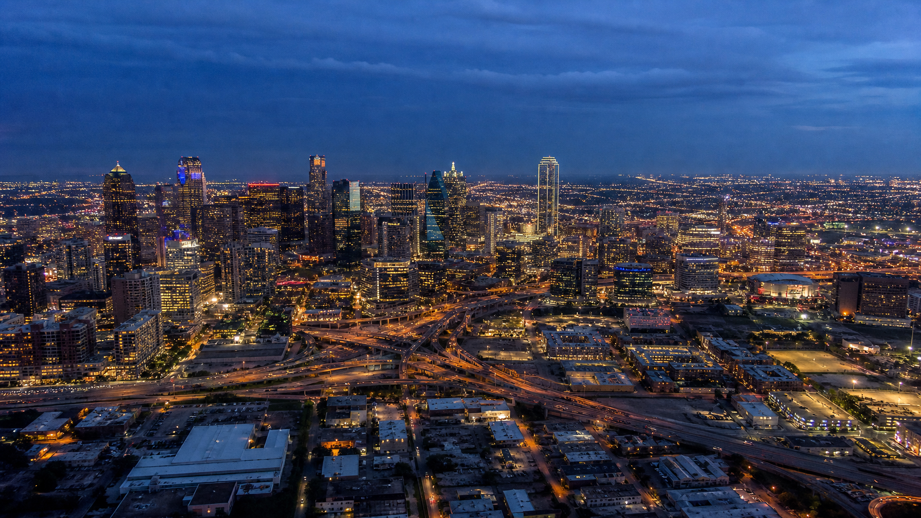 Houston cityscape at dusk, wide aerial view