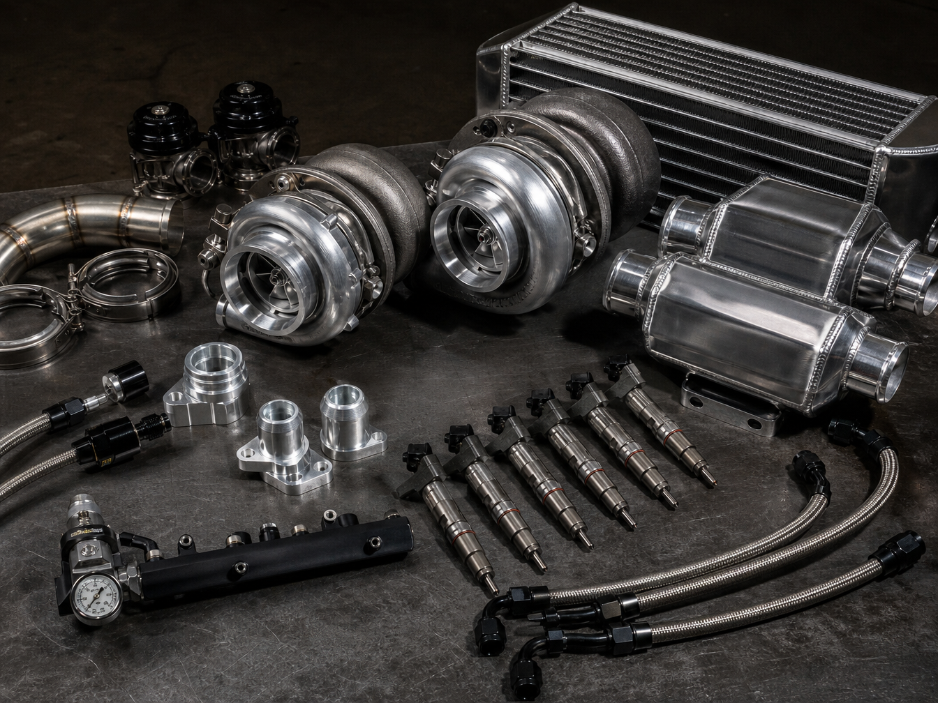 Diesel performance components — compound turbo setup on workshop surface