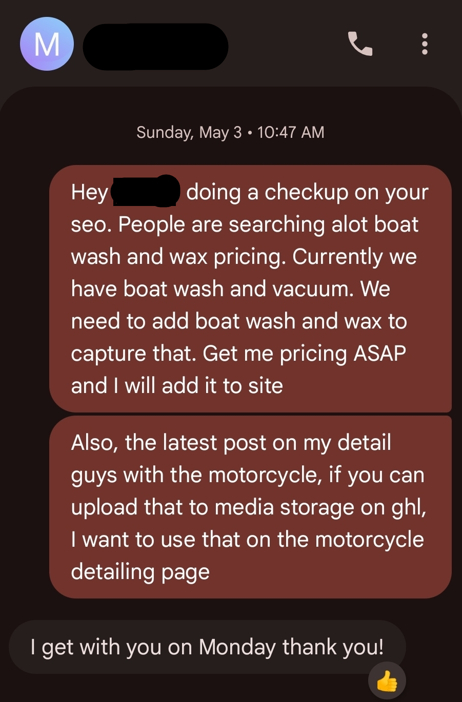 Real client text message on a Sunday morning — proactive SEO monitoring in action
