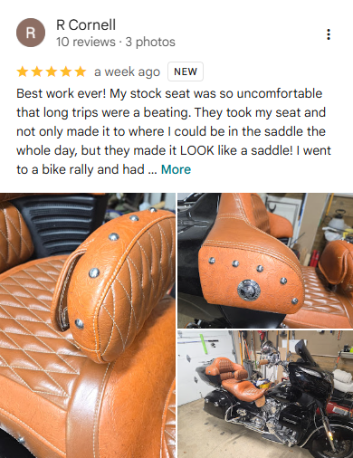R. Cornell Google review — My Upholstery Guys motorcycle seat — 5 stars — 50 inquiries at bike rally