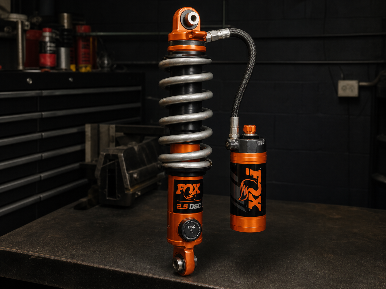Fox 2.5 DSC coilover shock absorber with orange body and remote reservoir