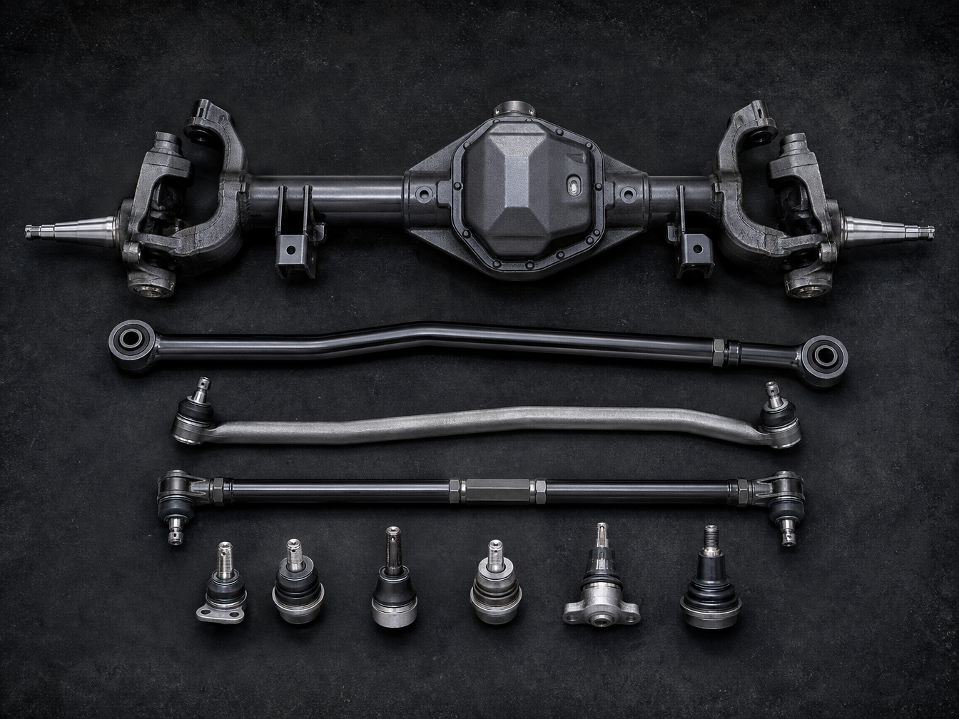 Front end steering and track bar components on a JK Wrangler — death wobble failure chain diagnosis