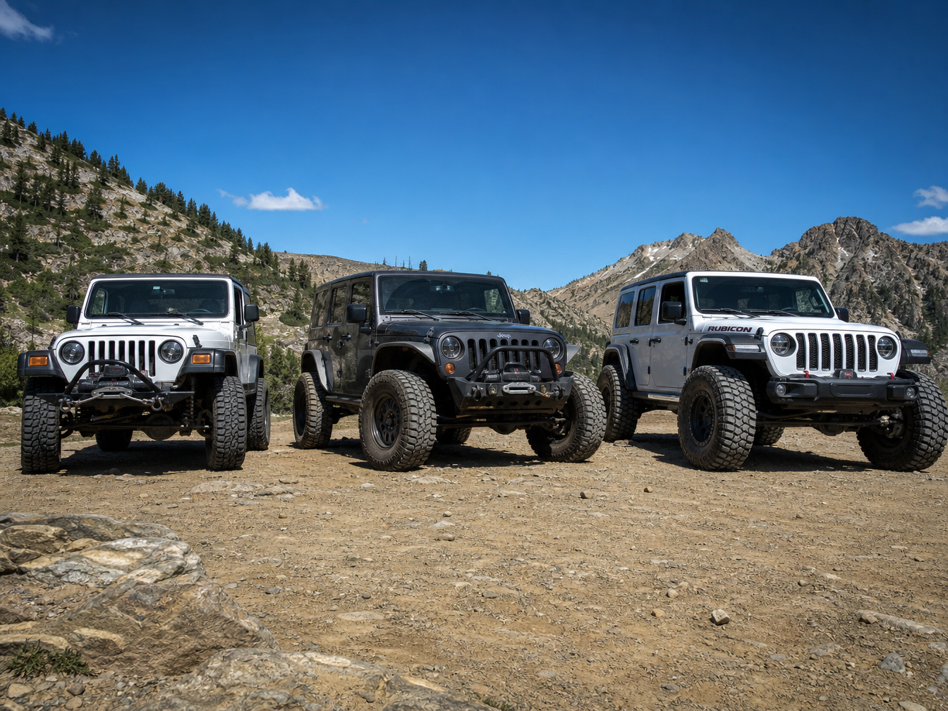 TJ Wrangler JK Wrangler and JL Wrangler platform comparison side by side on trail