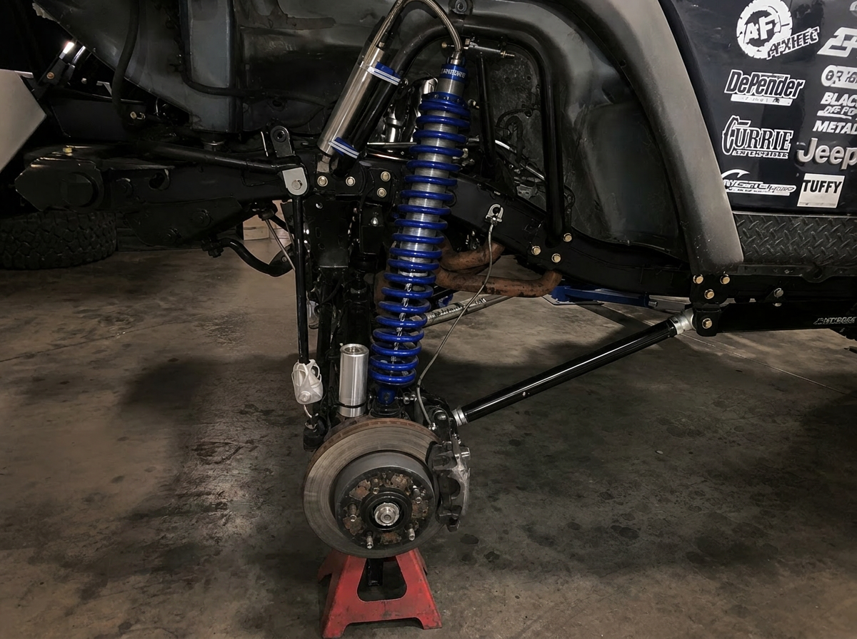 Jeep Wrangler front wheel well at full droop showing long arm extended at maximum tire travel
