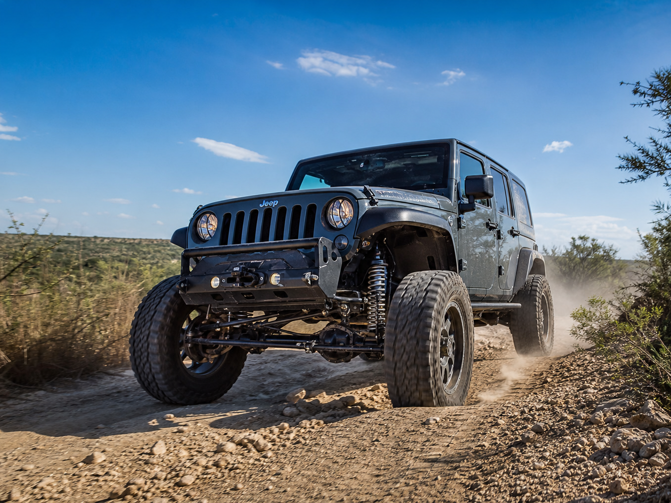 Jeep JL at speed on rocky terrain body flat and controlled through rough two-track long arm geometry