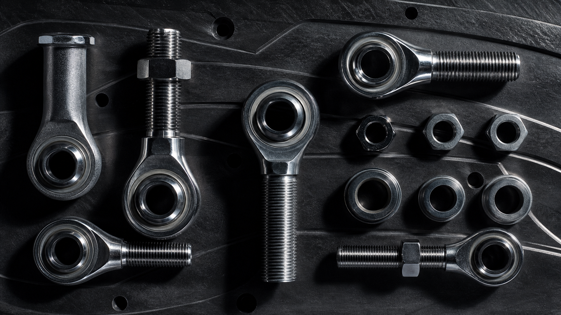 Heim joint rod end hardware used in four-link and long arm suspension fabrication for Jeep builds